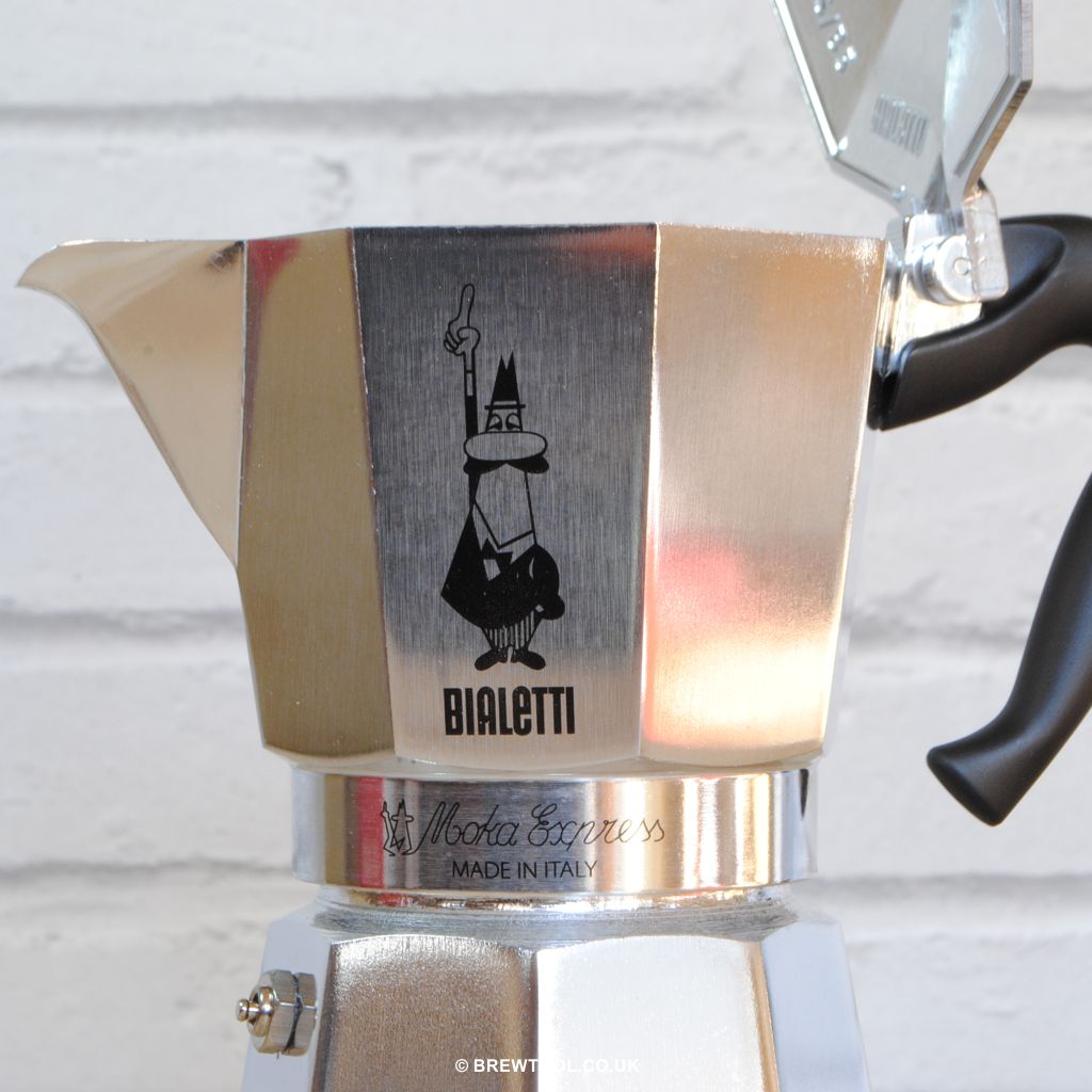 Logo Close up of Bialetti Original Stovetop Moka Pot Aluminium With Lid Up