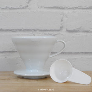 Hario V60 Ceramic Coffee Dripper in White with Spoon