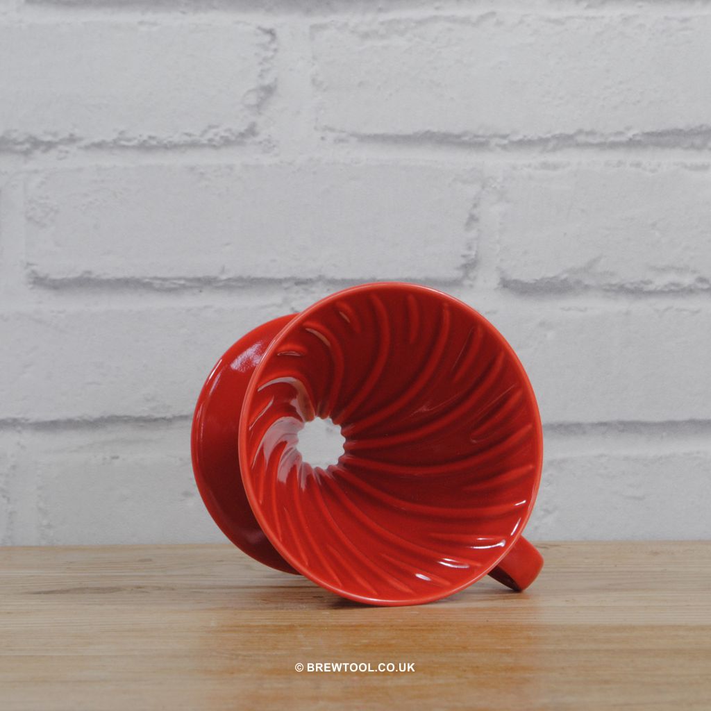 Hario V60 Ceramic Coffee Dripper Showing Spiral Filtration in Red