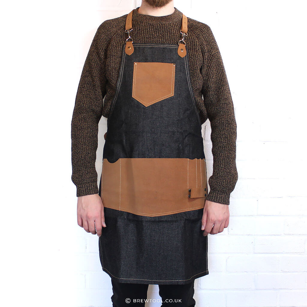 Man Wearing Handmade Leather Pocketed Barista Apron