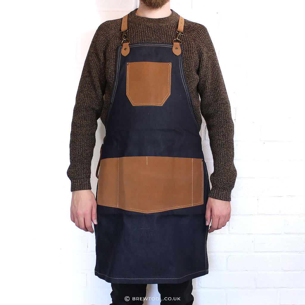 Man Wearing Handmade Navy Leather Pocketed Barista Apron